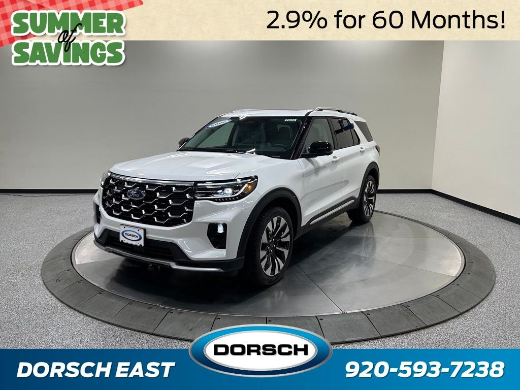 2026 Ford Explorer Platinum in Star White Metallic Tri-Coat — front three-quarter view