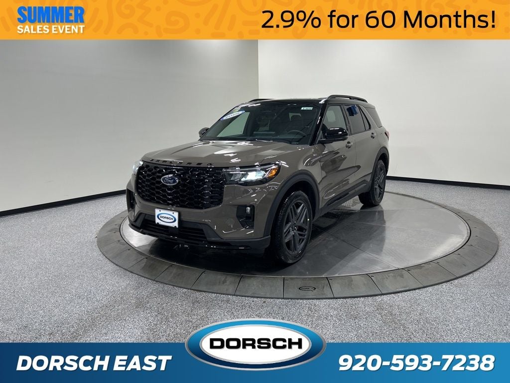 2026 Ford Explorer ST-Line in Marsh Gray — front three-quarter view