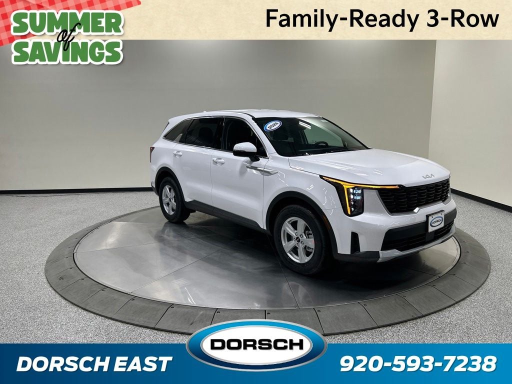 2026 Kia Sorento LX in Glacial White Pearl — front three-quarter view
