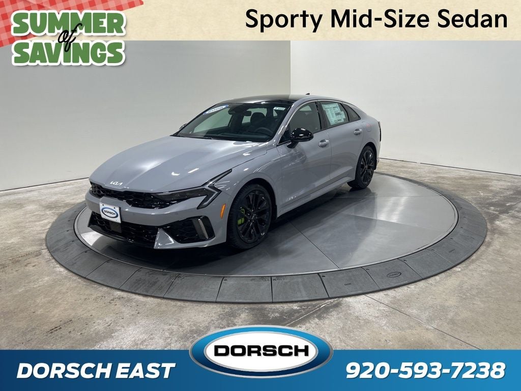 2026 Kia K5 GT in Wolf Gray — front three-quarter view