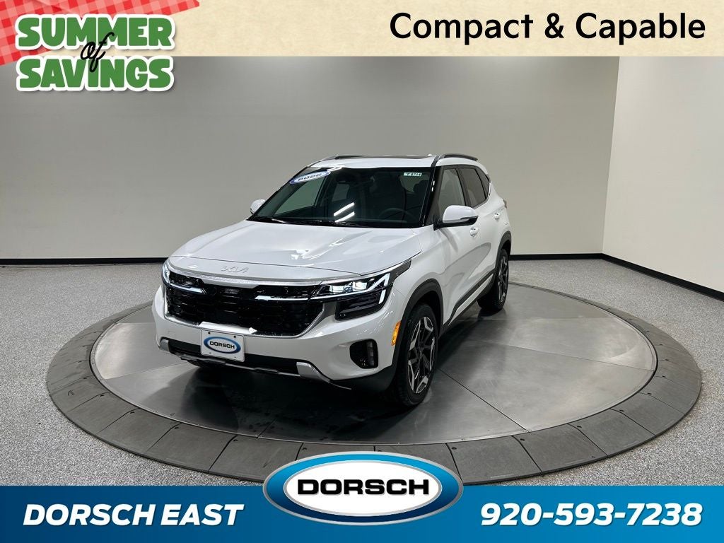 2026 Kia Seltos SX in Snow White Pearl — front three-quarter view