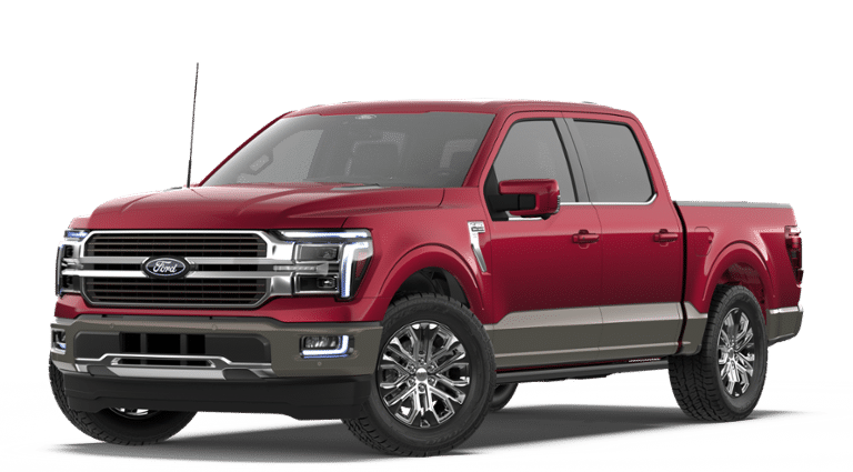 2026 Ford F-150 King Ranch in Ruby Red Metallic Tinted Clearcoat — front three-quarter view